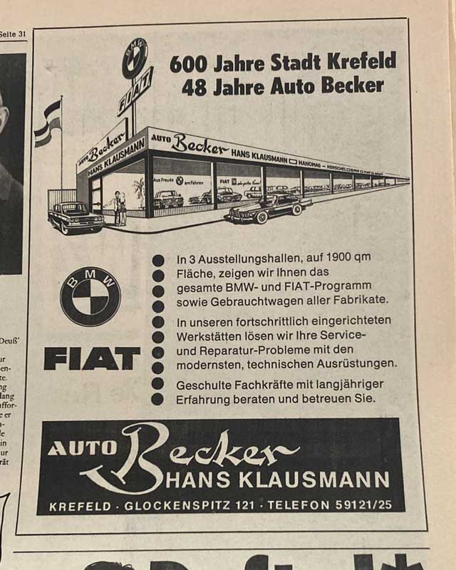 Auto Becker Klausmann Werbeanzeige Westdeutsche Zeitung von 1973